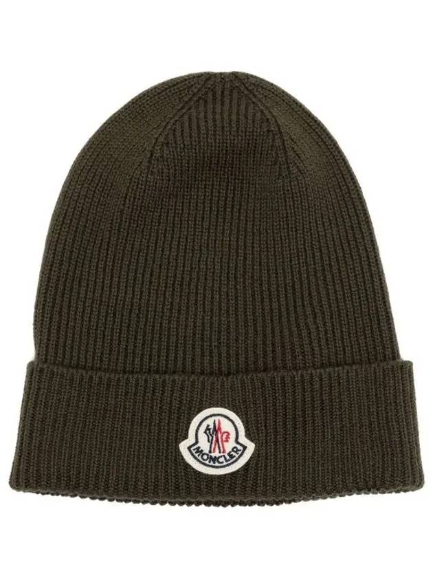 Logo Patch Wool Beanie Olive Green - MONCLER - BALAAN 2