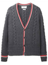 Cable Stripe Classic V-neck Merino Wool Cardigan Grey - THOM BROWNE - BALAAN 2