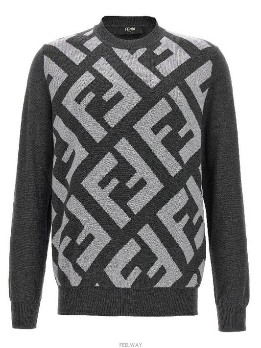 Monogram Jacquard Wool Crewneck Knit Top Grey - FENDI - BALAAN 2