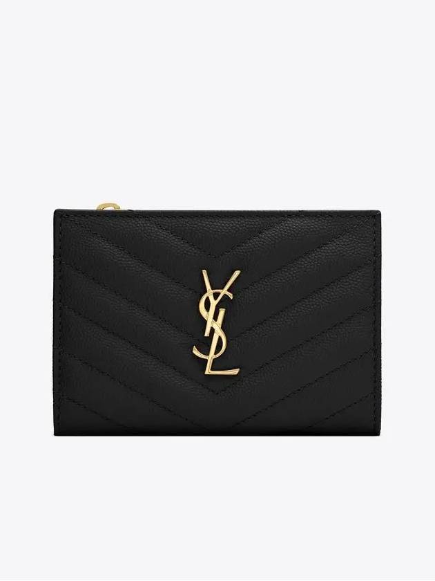 Grain Leather Quilted Stitch Card Wallet Black - SAINT LAURENT - BALAAN 7