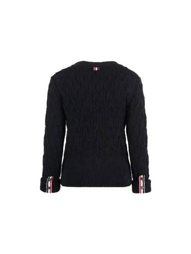 Merino Wool Crisscross Cable Stitch 3/4 Sleeve V-Neck Cardigan Navy - THOM BROWNE - BALAAN 3