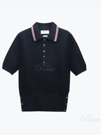 Textured Stitch Cotton Short Sleeve Polo Shirt Navy - THOM BROWNE - BALAAN 2