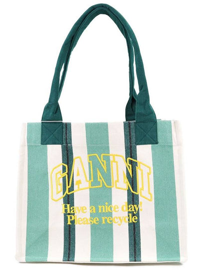 Large Striped Canvas Tote Bag Green - GANNI - BALAAN 2