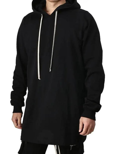 Drawstring Long Line Heavy Cotton Jersey Midi Hoodie Black - RICK OWENS - BALAAN 2