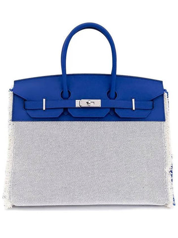 Frey Birkin 35 Ecru Blue French Silver U Engraved 4HH0294 - HERMES - BALAAN 1