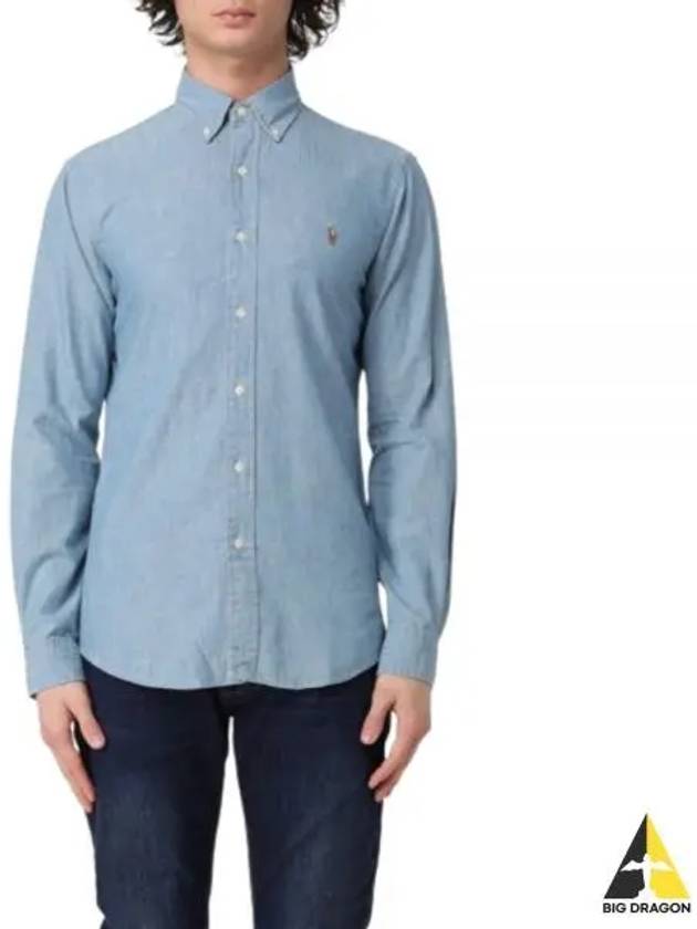 Men's Embroidered Logo Custom Fit Chambray Long Sleeve Shirt Blue - POLO RALPH LAUREN - BALAAN 2