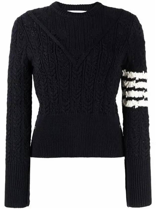 Women's 4 Bar Irish Pointelle Cable Merino Wool Knit Top Navy - THOM BROWNE - BALAAN 2