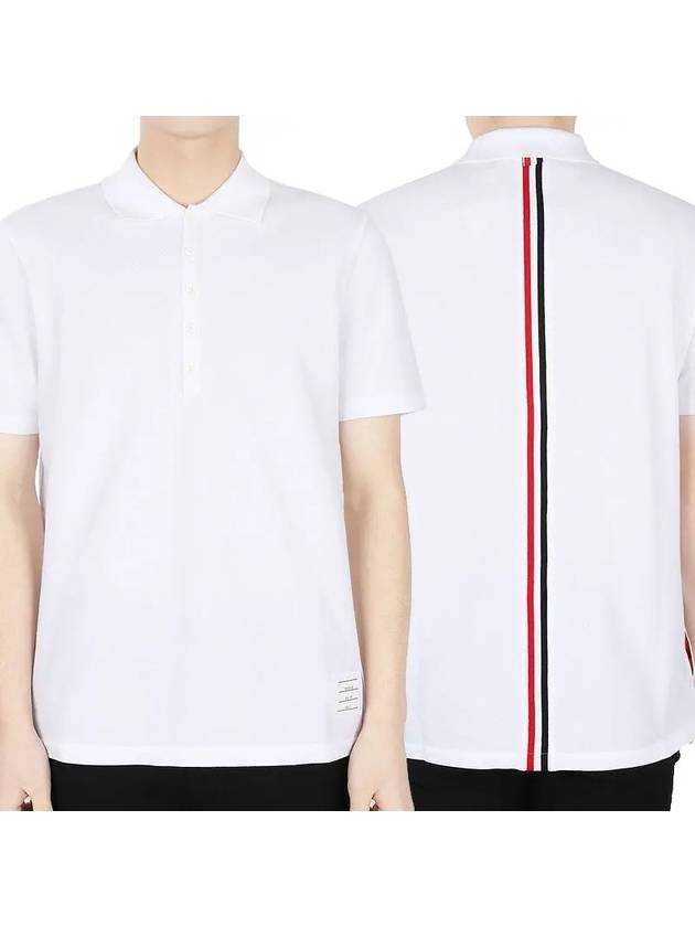 Men's Cotton Pique Center Bag Striped Short Sleeve Polo Shirt White - THOM BROWNE - BALAAN 2