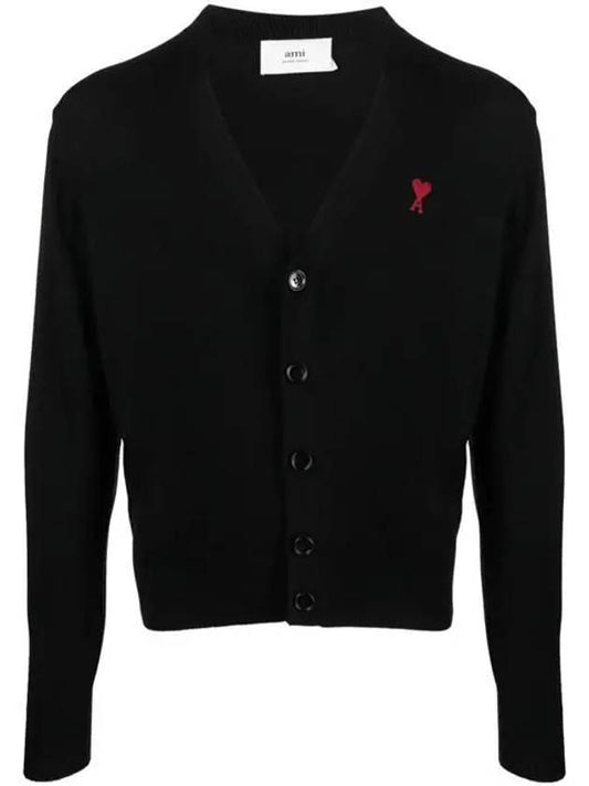 Red Heart Logo Merino Wool Cardigan Black - AMI - BALAAN 2