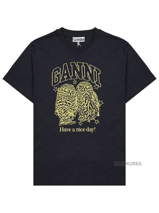 Owls Print Cotton Short Sleeve T-Shirt Black - GANNI - BALAAN 2