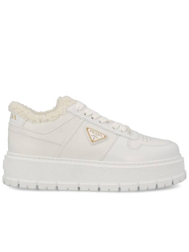 Triangle Logo Shearling Leather Low Top Sneakers White - PRADA - BALAAN 1