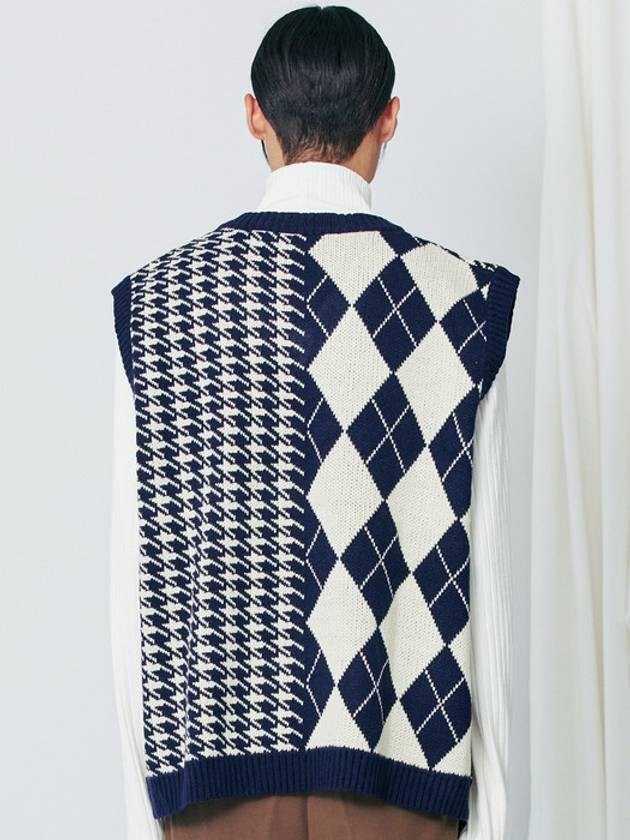 Argyle Houndstooth Half Half Knit Vest Navy - S SY - BALAAN 5