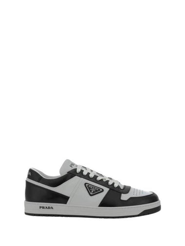 Men's Downtown Triangle Logo Leather Low Top Sneakers Black White - PRADA - BALAAN 1