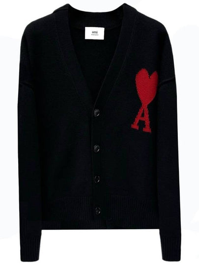 Heart Logo V Neck Wool Cardigan Black - AMI - BALAAN 2