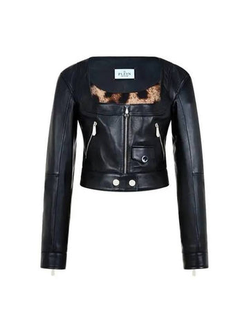 Square Neck Leather Cropped Jacket Black - PHILIPP PLEIN - BALAAN 1