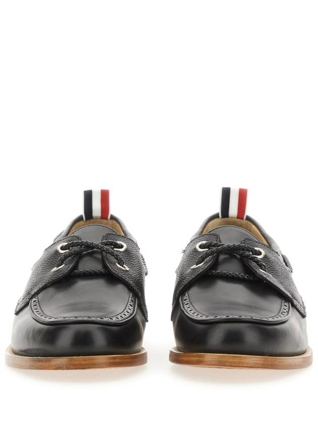 Men's Vitello Calf Leather Boat Shoes Black - THOM BROWNE - BALAAN 4