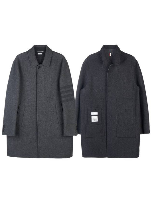 Men's Double Face Melton 4 Bar Collar Single Coat Medium Gray - THOM BROWNE - BALAAN.