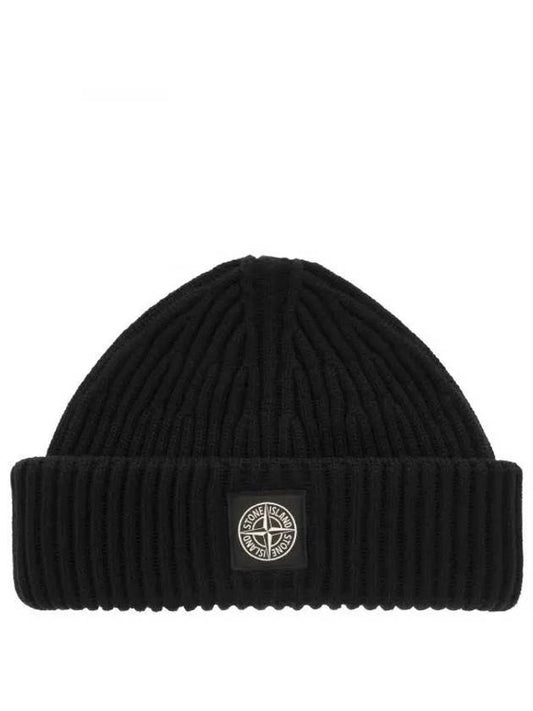 Logo Patch Rib Wool Beanie Black - STONE ISLAND - BALAAN 2