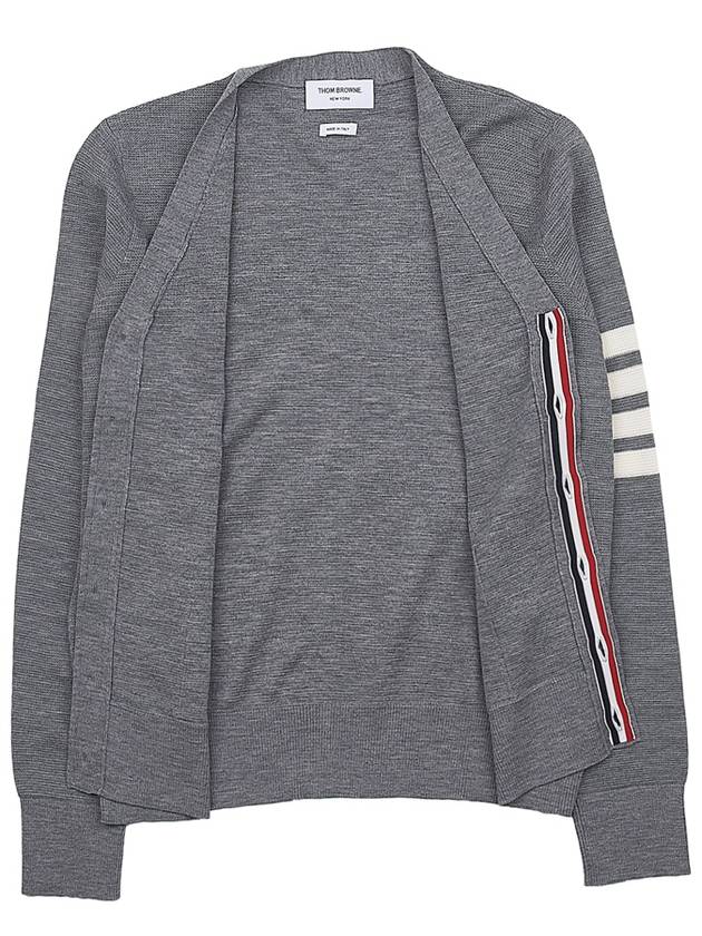 4-Bar Striped Waffle High V-Neck Cardigan Light Grey - THOM BROWNE - BALAAN 10