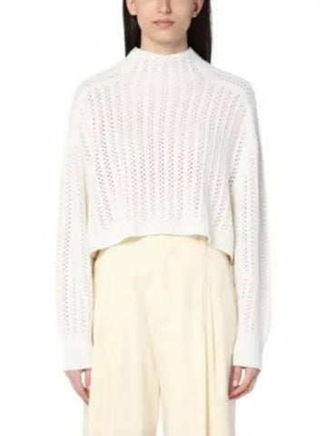 High Neck Back Button Crop Knit Top White - MAX MARA - BALAAN 1