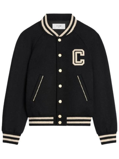 Teddy Embroidered Logo Textured Wool Bomber Jacket Black - CELINE - BALAAN 2