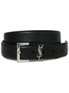 Silver Hardware Monogram Buckle Leather Belt Black - SAINT LAURENT - BALAAN.