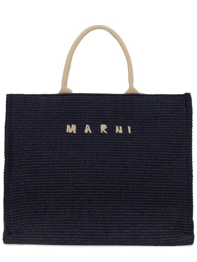 Embroidered Logo Raffia Tote Bag Navy - MARNI - BALAAN 6