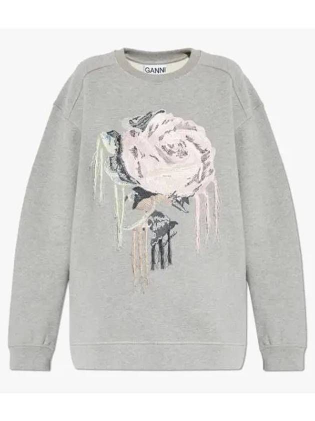 Heavy Fleece Drop Shoulder Flower Sweatshirt Grey - GANNI - BALAAN 3