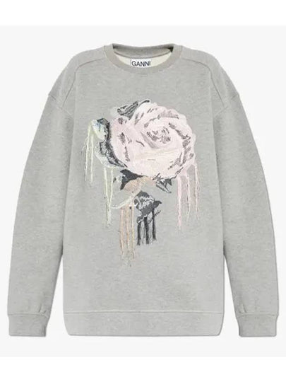 Heavy Fleece Drop Shoulder Flower Sweatshirt Grey - GANNI - BALAAN 2