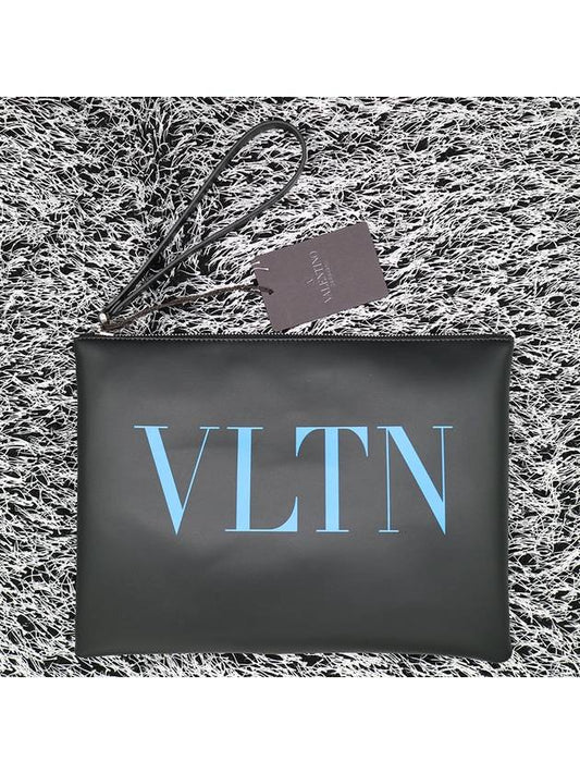 VLTN Blue Logo Print Clutch Bag Black - VALENTINO - BALAAN.