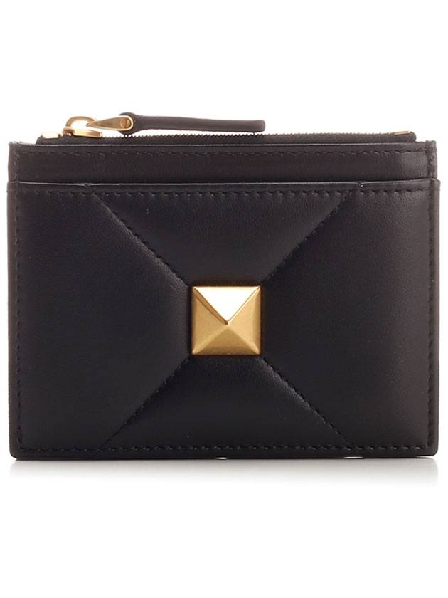 One Stud Leather Zipper Coin Purse Black - VALENTINO - BALAAN 1