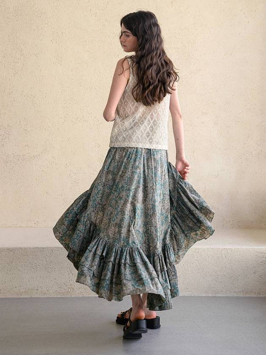 Ruffle Tiered Unbalanced Long Skirt_Khaki - CAHIERS - BALAAN 2