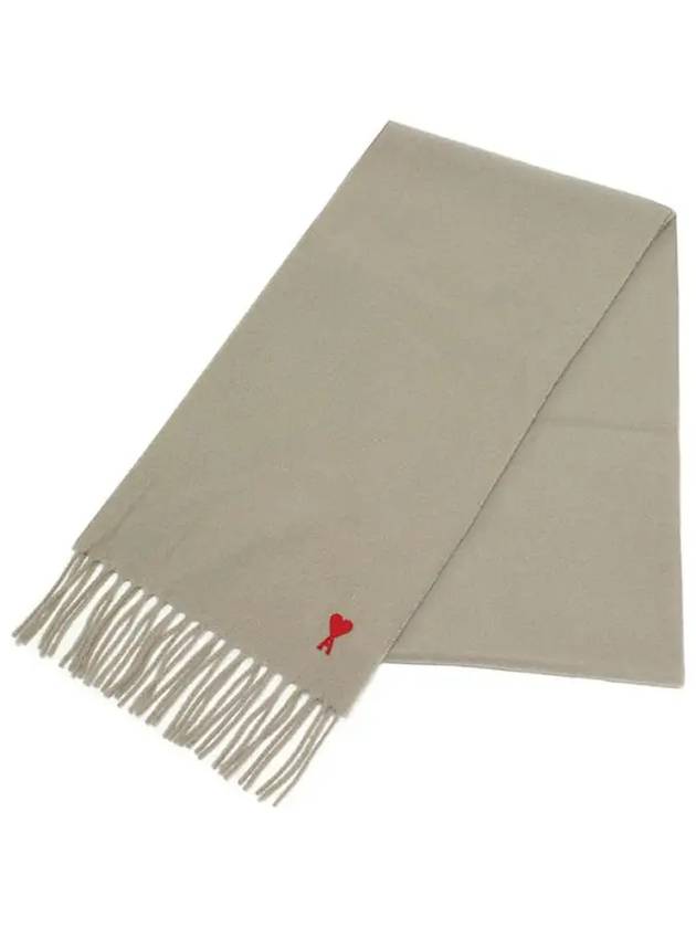 Small Heart Logo Classic Wool Fringe Scarf Beige - AMI - BALAAN 3