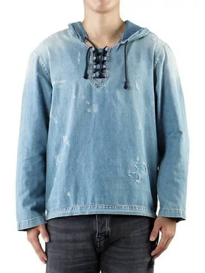 Destroyed Denim Cotton Hoodie Blue - SAINT LAURENT - BALAAN 2