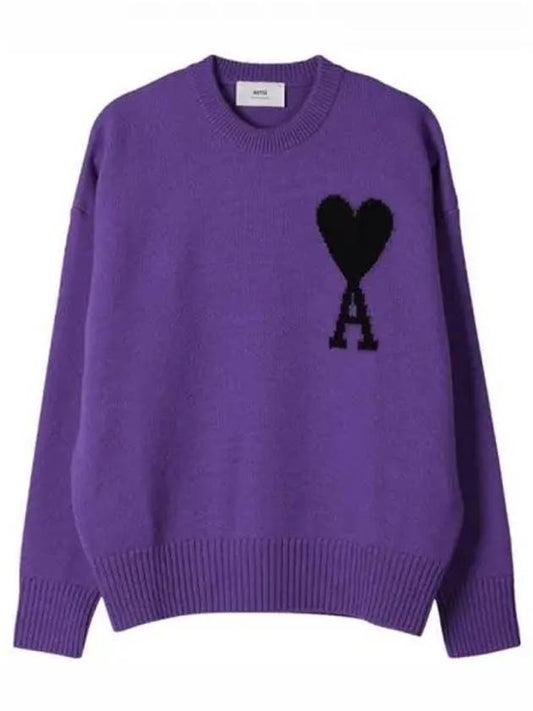 Big Heart Logo Wool Knit Top Purple Black - AMI - BALAAN 2