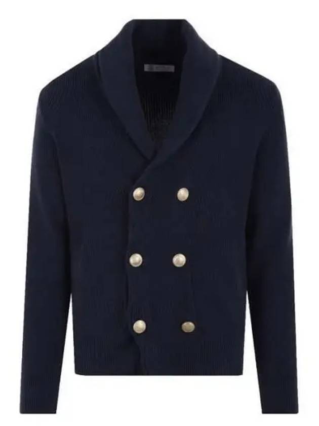 Men's Gold Button Double Breasted Cardigan Blue - BRUNELLO CUCINELLI - BALAAN 2