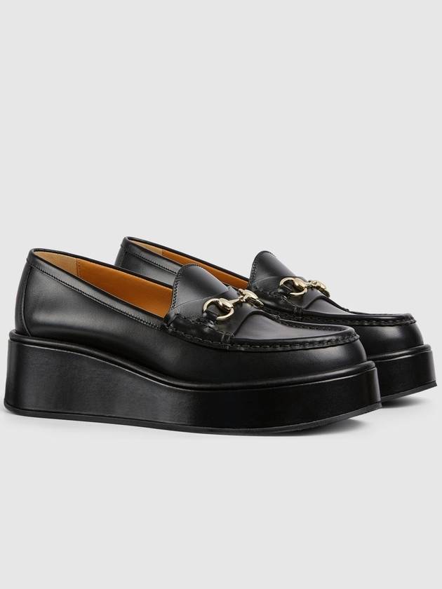 Women's Horsebit Wedge Leather Loafer Black - GUCCI - BALAAN 4