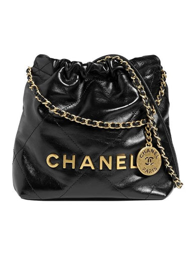 22 Gold Logo Shiny Calfskin Mini Shoulder Bag Black - CHANEL - BALAAN 1