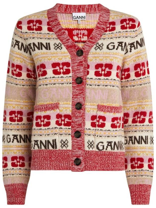 Logo V-neck Wool Blend Cardigan Red - GANNI - BALAAN 2