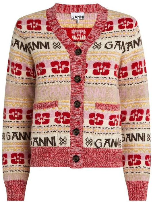 Logo V-neck Wool Blend Cardigan Red - GANNI - BALAAN.