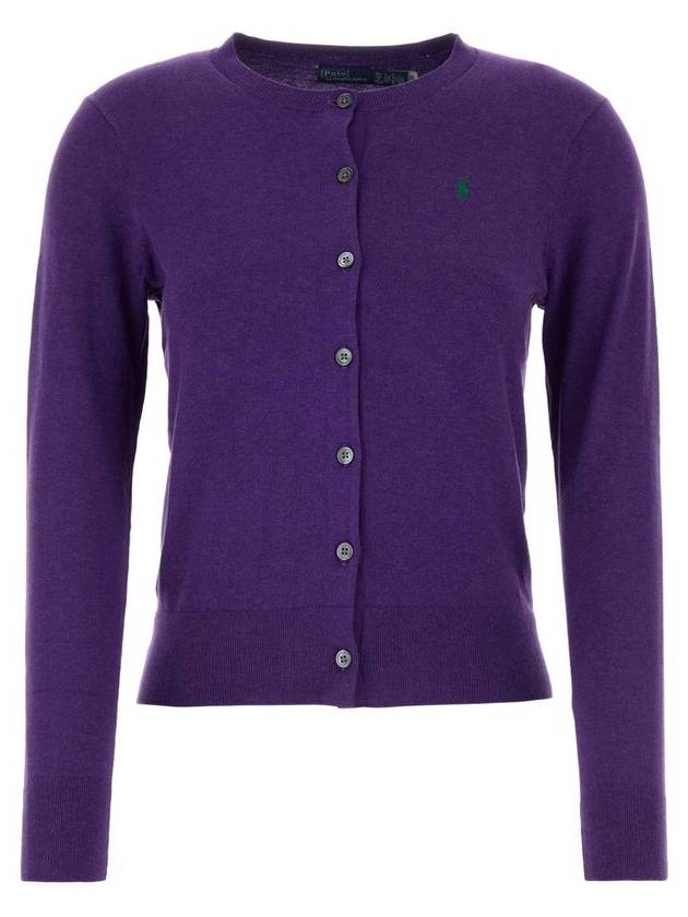 Women's Embroidered Logo Round Neck Cardigan Purple - POLO RALPH LAUREN - BALAAN 1