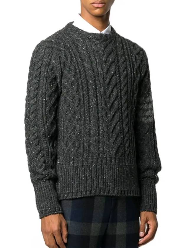 Men's Aran Cable Diagonal Armband Classic Crew Neck Knit Top Dark Grey - THOM BROWNE - BALAAN 4