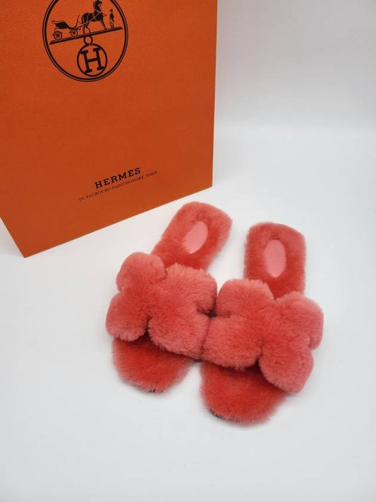 Women's Oran Fur Sandals Rose - HERMES - BALAAN.