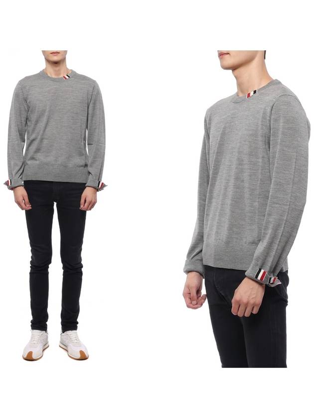 Intarsia Stitch Crew Neck Merino Wool Knit Top Light Grey - THOM BROWNE - BALAAN 2