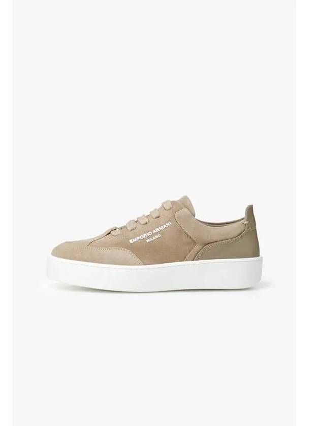 Women s Embossed Logo Suede Sneakers Dark Beige - EMPORIO ARMANI - BALAAN 1