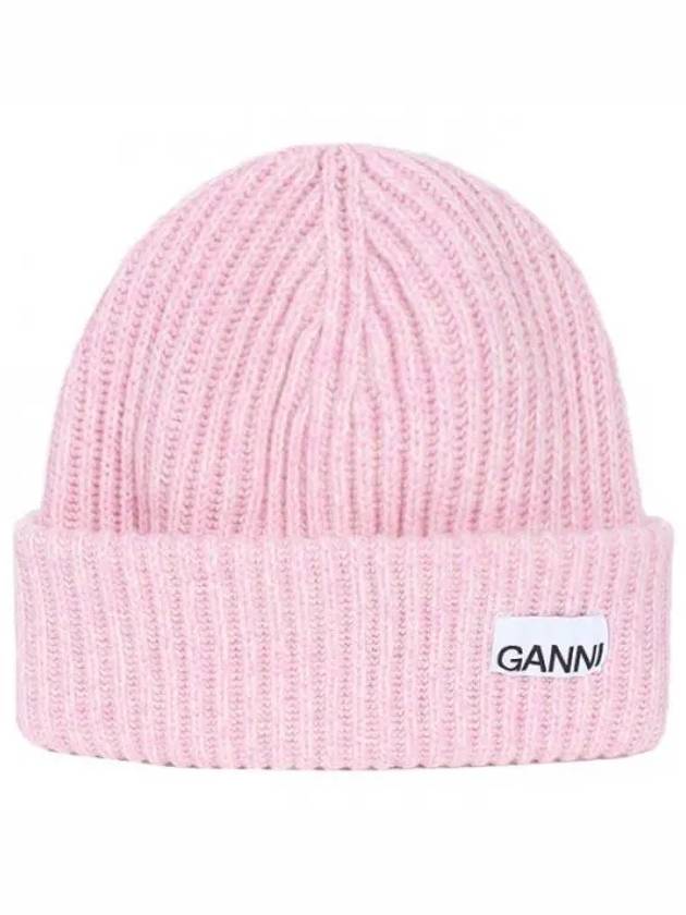 Logo Patch Knit Beanie Pink - GANNI - BALAAN 2