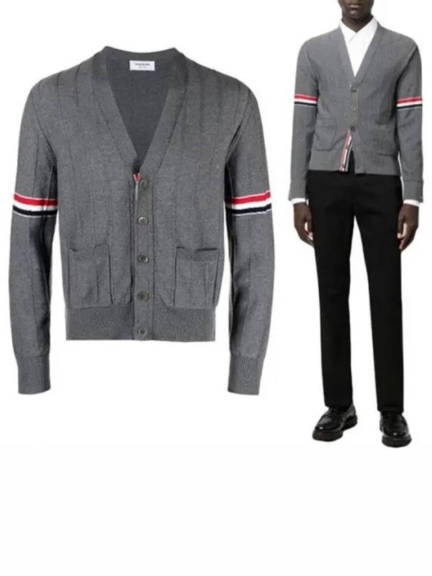 RWB V-neck Striped Virgin Wool Cardigan Grey - THOM BROWNE - BALAAN 2