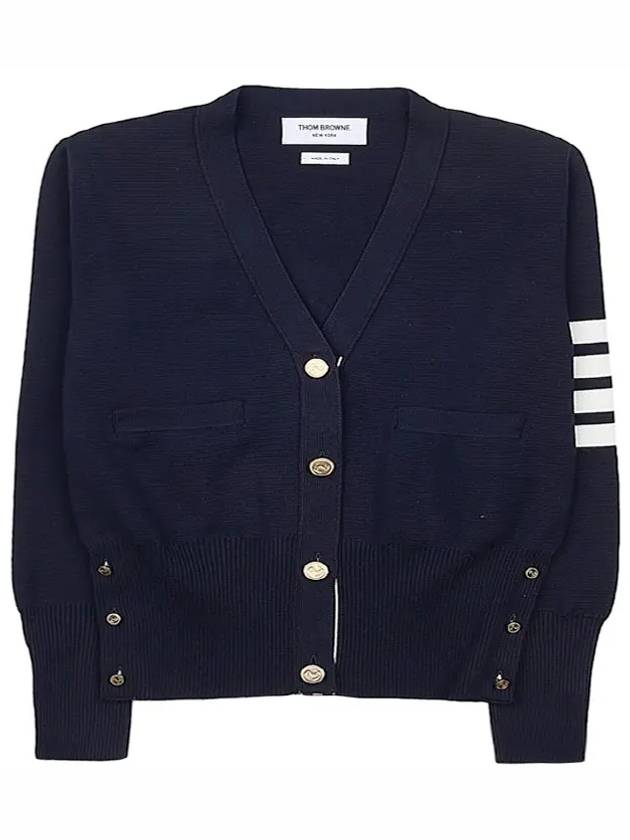 Milano Stitch 4 Bar Classic V Neck Fine Merino Wool Cardigan Navy - THOM BROWNE - BALAAN 3