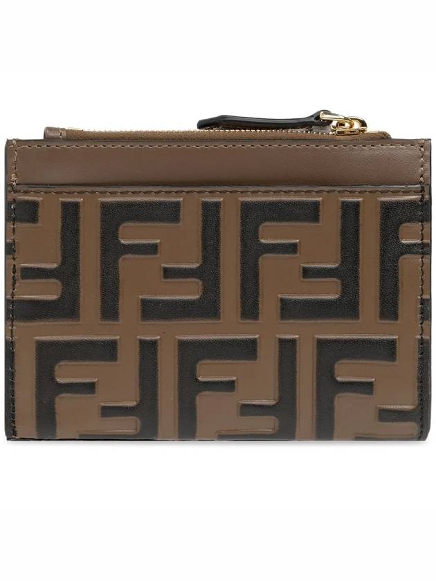 FF Diamond Embossed Logo Zip Card Holder Brown - FENDI - BALAAN 4