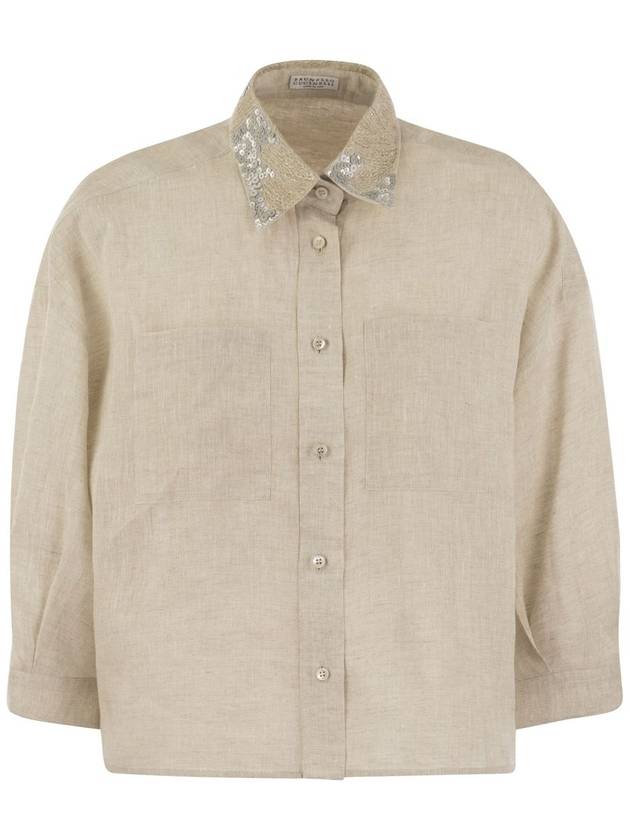 Embroidered Short Sleeve Shirt Beige - BRUNELLO CUCINELLI - BALAAN 2